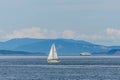SIDNEY, CANADA - JULY 14, 2019: boat in haro strait view from Vancouver island with cloudy sky British Columbia Canada