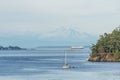 SIDNEY, CANADA - JULY 14, 2019: boat in haro strait view from Vancouver island with cloudy sky British Columbia Canada