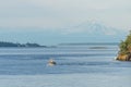 SIDNEY, CANADA - JULY 14, 2019: boat in haro strait view from Vancouver island with cloudy sky British Columbia Canada