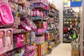 SIEDLCE, POLAND - MARCH 20, 2019: Pink toys for girls and military for boys in Pepco chain store