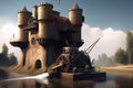siege engine approaches the moat of a castle, ready to fire its payload