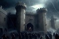 a siege of a medieval castle, with hundreds of soldiers storming the walls and raining arrows down on them