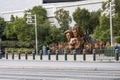 The Siegfried and Roy Monument along the Las Vegas strip surrounded by lush green trees and plants in Las Vegas Nevada