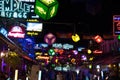 Brightly decorated with flags and garlands tourist street, Cambodia flags, decorative