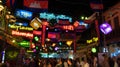 Brightly decorated with flags and garlands tourist street, Cambodia flags, decorative