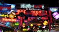 Brightly decorated with flags and garlands tourist street, Cambodia flags, decorative