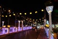 Vehicles drive along a small bridge. Decorative street lights. Neon lights