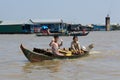 Boy and girl on boat selling drinks on Tonle Sap Lake, Cambodia Royalty Free Stock Photo