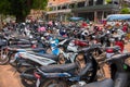 Siem Reap, Cambodia - 30 March, 2018: Large motorcycle parking. Asian transportation.