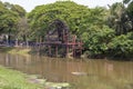 Siem Reap, Cambodia - 25 March 2018: water mill wheel on river. Historical place in Cambodia. Watermill wheel