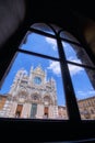 Facade Exterior Towers Mosaics Cathedral Church Siena Italy