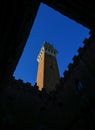 Siena, SI, Italy - February 20, 2023: tower called DEL MANGIA from the courtyard of the town hall