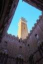 Siena, SI, Italy - February 20, 2023: tower called DEL MANGIA from the courtyard of the town hall