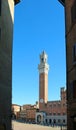 Siena, SI, Italy - February 20, 2023: Tower called Torre del Mangia in the main square