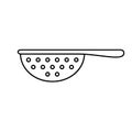 Sieve or colander with handle. Linear icon of kitchen utensils. Black simple illustration of flour sifting tool. Contour isolated