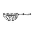 Sieve or colander. Kitchen tools, utensils for sifting flour. Decorative element for menu design, recipes, and food packaging.