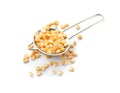 Sieve with ripe corn kernels on white background Royalty Free Stock Photo