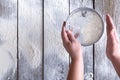 Sift flour top view on rustic wood background Royalty Free Stock Photo