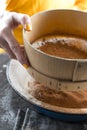 Sifting cocoa into a bowl with flour close-up