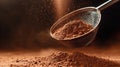 Sifting cocoa powder through a fine mesh strainer in a kitchen setting. Generative AI Royalty Free Stock Photo