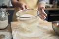 Close up of sifting flour in domestic kitchen