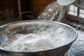 Sifting flour through sieve on wooden table. Generative AI