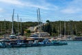 Sigacik, Izmir, Turkey - August 24 2021: Panoramic view of town Sigacik with boats and sea