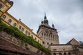 Sighisoara Clock Tower Turnul cu Ceas during a cloudy fall afternoon. It is the main entrance of Sighisoara castle, in Romania Royalty Free Stock Photo