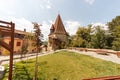 SIGHISOARA, ROMANIA - Circa 2020: Old medieval town with cloudy blue sky. Beautiful tourist spot in eastern central Europe. Famous