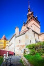 Sighisoara, Romania. Clock Tower in famous stone-walled city of Transylvania