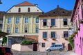 Sighisoara, Romania, 13 July 2021: Old colorful painted houses in the historical center of the Sighisoara citadel, in Transylvania Royalty Free Stock Photo