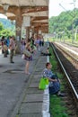 SIGHISOARA, ROMANIA - 1 JULY 2016: People waiting for the train in Sighisoara, Romania.