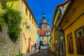 Sighisoara, Romania, May 13, 2019: Dracula`s house and the clock tower , historic centre of Sighisoara, Transylvania region in Royalty Free Stock Photo