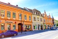 Sighisoara, Romania, May 12, 2019: Street view vith old buildings in the historical center, beautiful Transylvanian travel