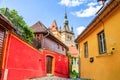 Sighisoara, Romania. Medieval street with Clock Tower in Transylvania. Royalty Free Stock Photo