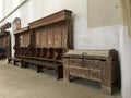 The chest stands near the staircase in the Church of the Deal St. Nicholas in the castle in Old City. Sighisoara city in Romania Royalty Free Stock Photo