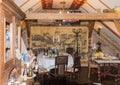 Decoratively decorated room in a Medieval Cafe in old city. Sighisoara city in Romania