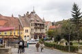 Fragment of Hermann Oberth square, near to the entrance to the old town in Sighisoara city in Romania Royalty Free Stock Photo