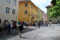 Tourists in the museum square of Sighisoara.