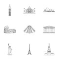 Sights of the countries of the world. Famous buildings and monuments of different countries and cities. Countries icon Royalty Free Stock Photo