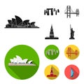 Sights of different countries black, flat icons in set collection for design. Famous building vector symbol stock web