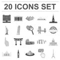 Sights of different countries monochrome icons in set collection for design. Famous building vector symbol stock web