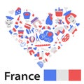 Sights of France in the colors of the French flag. Welcome to France. Vector icons about France Royalty Free Stock Photo