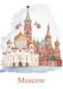 Watercolor card with sights of Moscow, Spasskaya tower, Kremlin, Temple, Cathedral, Russia for business cards, invitations Royalty Free Stock Photo
