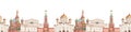 Watercolor seamless border with the sights of Russia, the Bolshoi Theatre, the Kremlin, the Cathedral, the Temple in Moscow on a