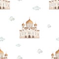 Watercolor seamless pattern with the sights of Russia, the Cathedral of Christ the Savior