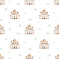 Watercolor seamless pattern with the sights of Russia, the Cathedral of Christ the Savior on a white background