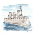 Sights of St. Petersburg, cruiser Aurora in the waters of the Neva River, seascape, ship watercolor