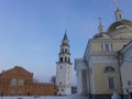 Sights of the Ural city of Nevyansk, Sverdlovsk region. In the background you can see the famous leaning tower Demidov