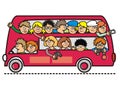 Sightseeing bus, traveling, peole at red bus, cartoon, happy vector illustration